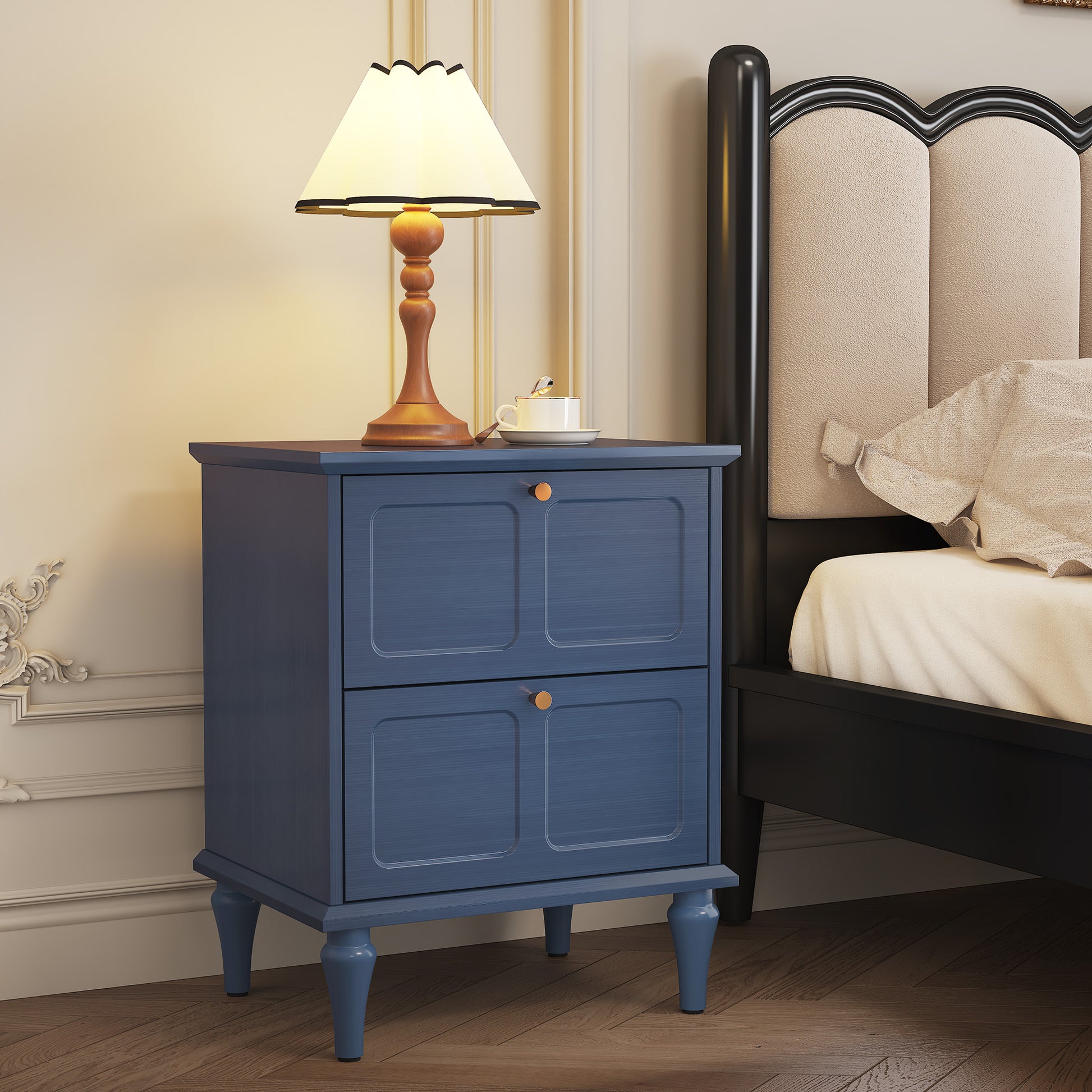 CBJCBJ21" Mid-century Nightstands Set of Two, Featuring Two Storage Drawers with Metal Handles, Blue