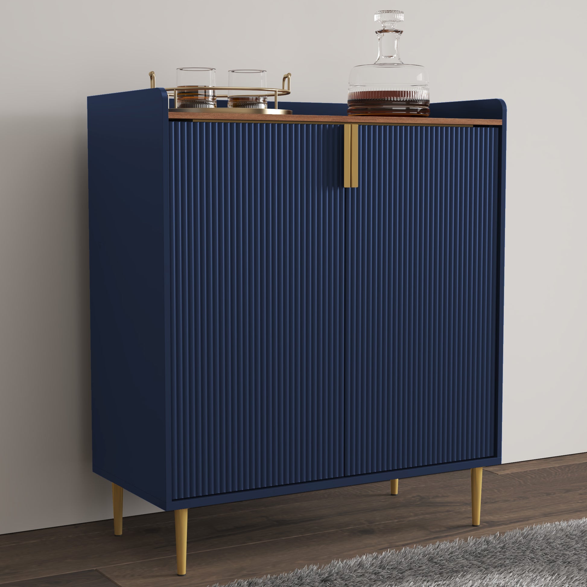 HLR 32"W Wine Bar Cabinet with 2 Door Fluted Texture, Modern Coffee Cabinet with Rack&Glass Holder, Blue