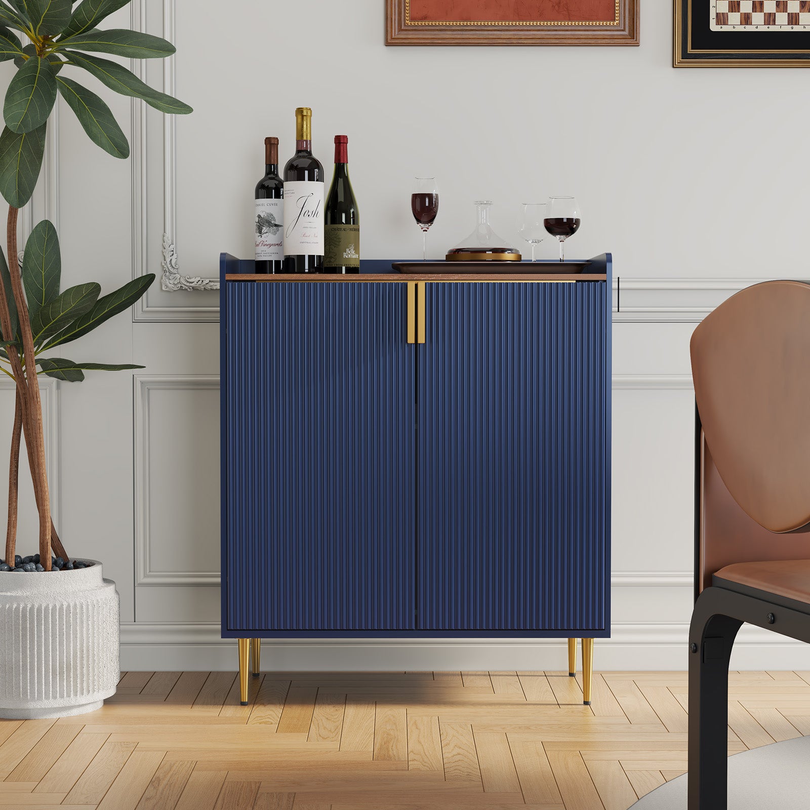CBJCBJ 32" Wine Bar Cabinet with 2 Door Fluted Texture, Modern Coffee Cabinet with Rack&Glass Holder, , Blue