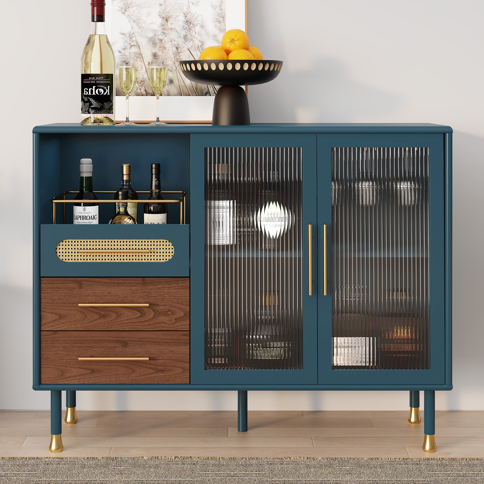 HLR 47.2" Coffee Wine Bar Cabinet with 2 Glass Doors, Modern Buffet Sideboard Table for Dining Room, Blue