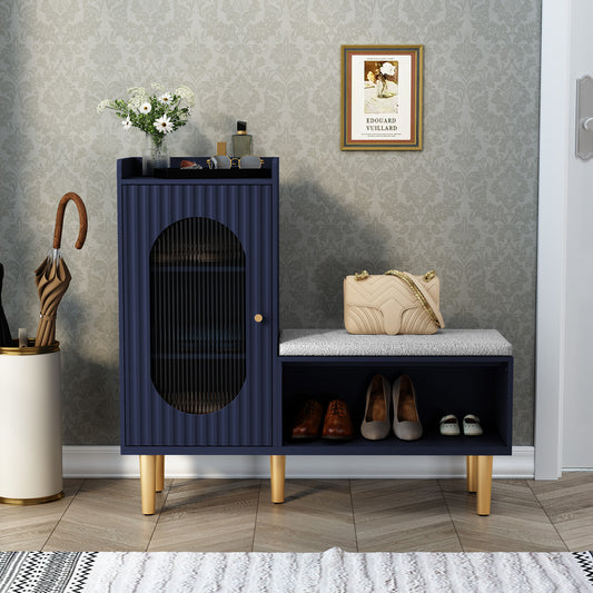 CBJCBJ Modern Storage Bench with Glass Door & Shelf - L-Shaped Entryway Cabinet, Padded Seat for Hallway/Bedroom/Office, Blue