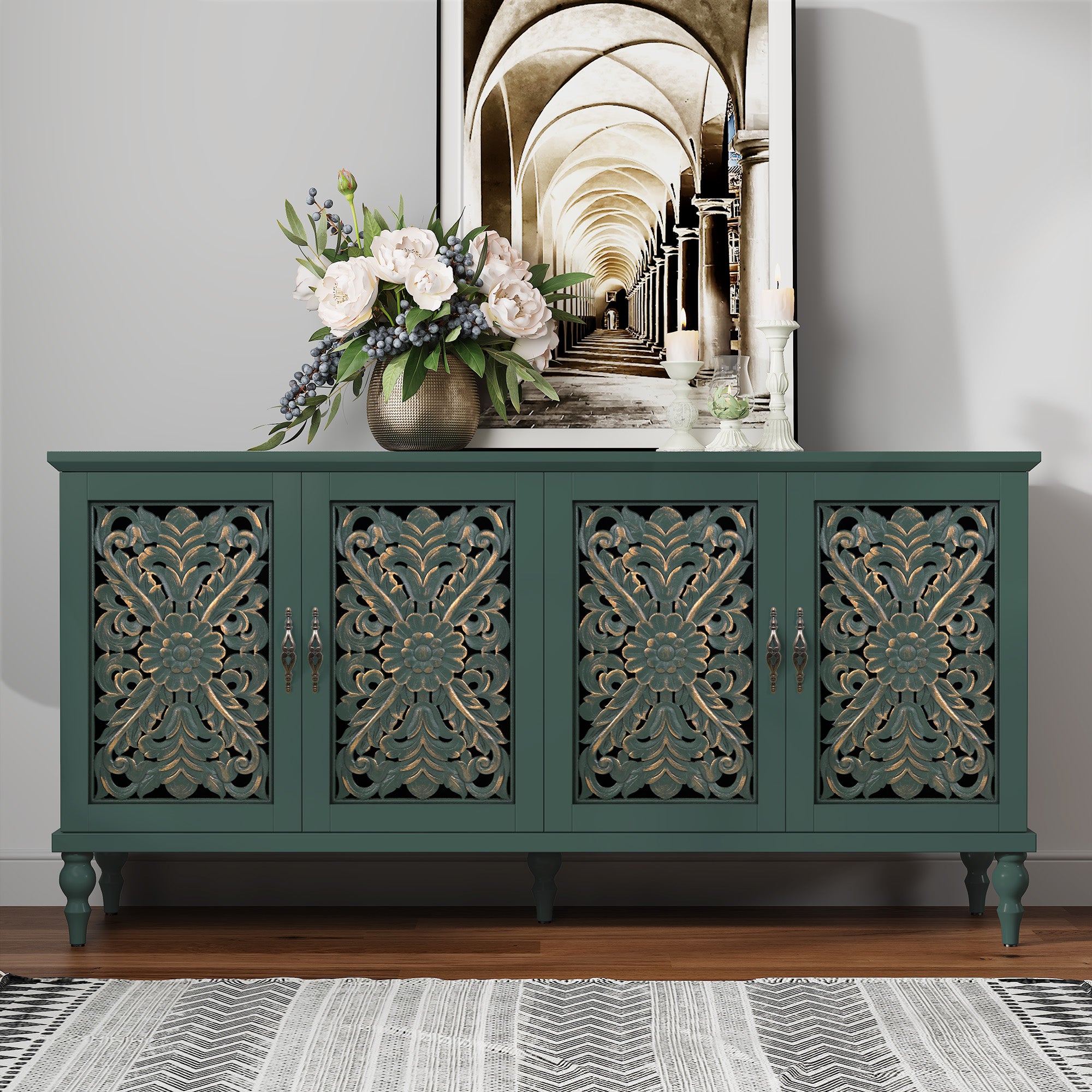 CBJCBJ 63" Mid Century Retro Sideboard Buffet Cabinet 4 Door, Accent Cabinet for Dining Room,Green