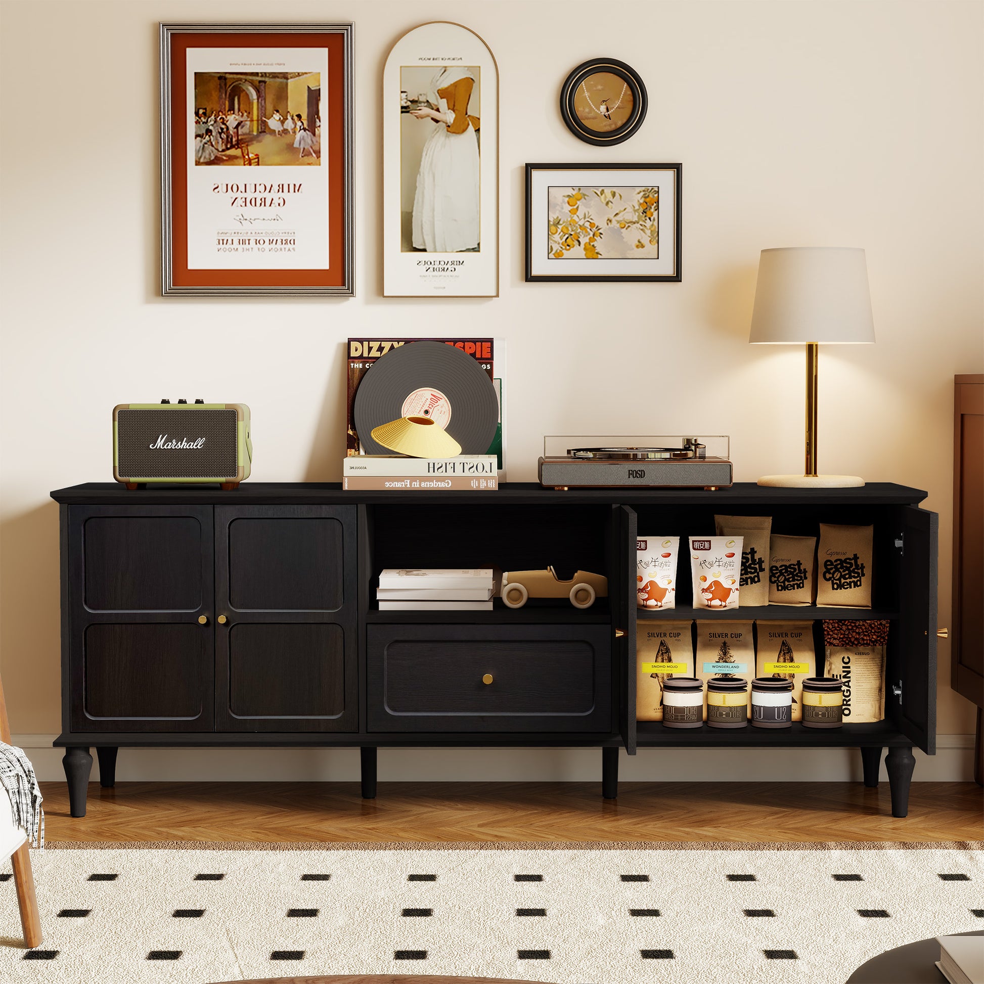 CBJCBJ 67"Mid-Century Modern TV Stand with Storage and Adjustable Partition , Media Console for TVs up to 75", Black