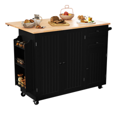 HLR 50.39" Kitchen Islands with Storage, Wood Top Cart with Drop Leaf and Wheels,Black