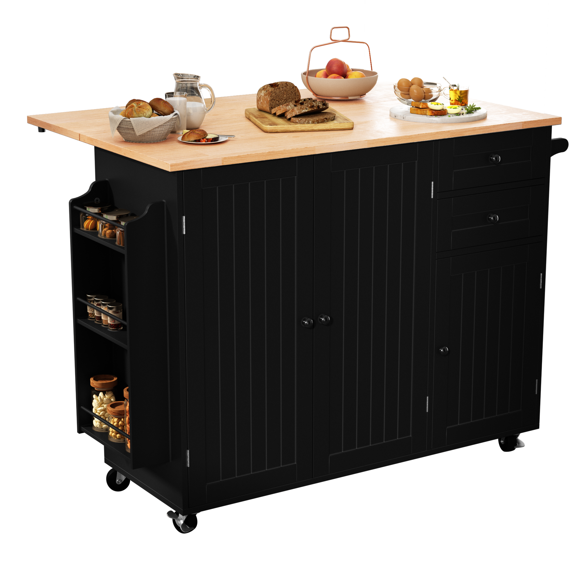HLR 50.39" Kitchen Islands with Storage, Wood Top Cart with Drop Leaf and Wheels,Black