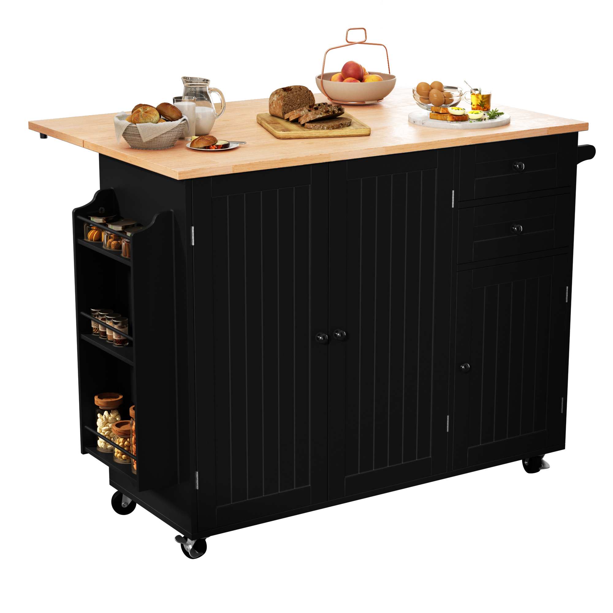 HLR 50.39" Kitchen Islands with Storage, Wood Top Cart with Drop Leaf and Wheels,Black