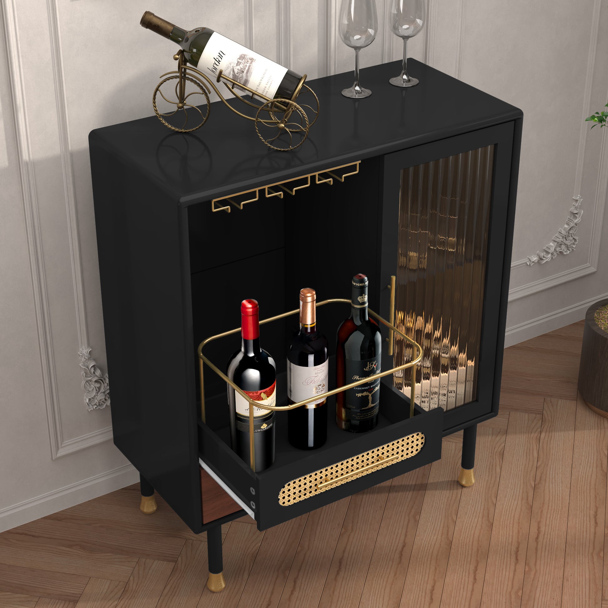 HLR 31.5"W Modern Wine Storage Cabinet with Pull-Out Rack & Tempered Glass Doors – Compact Coffee Bar for Kitchen, Dining Room, Apartmen, Black
