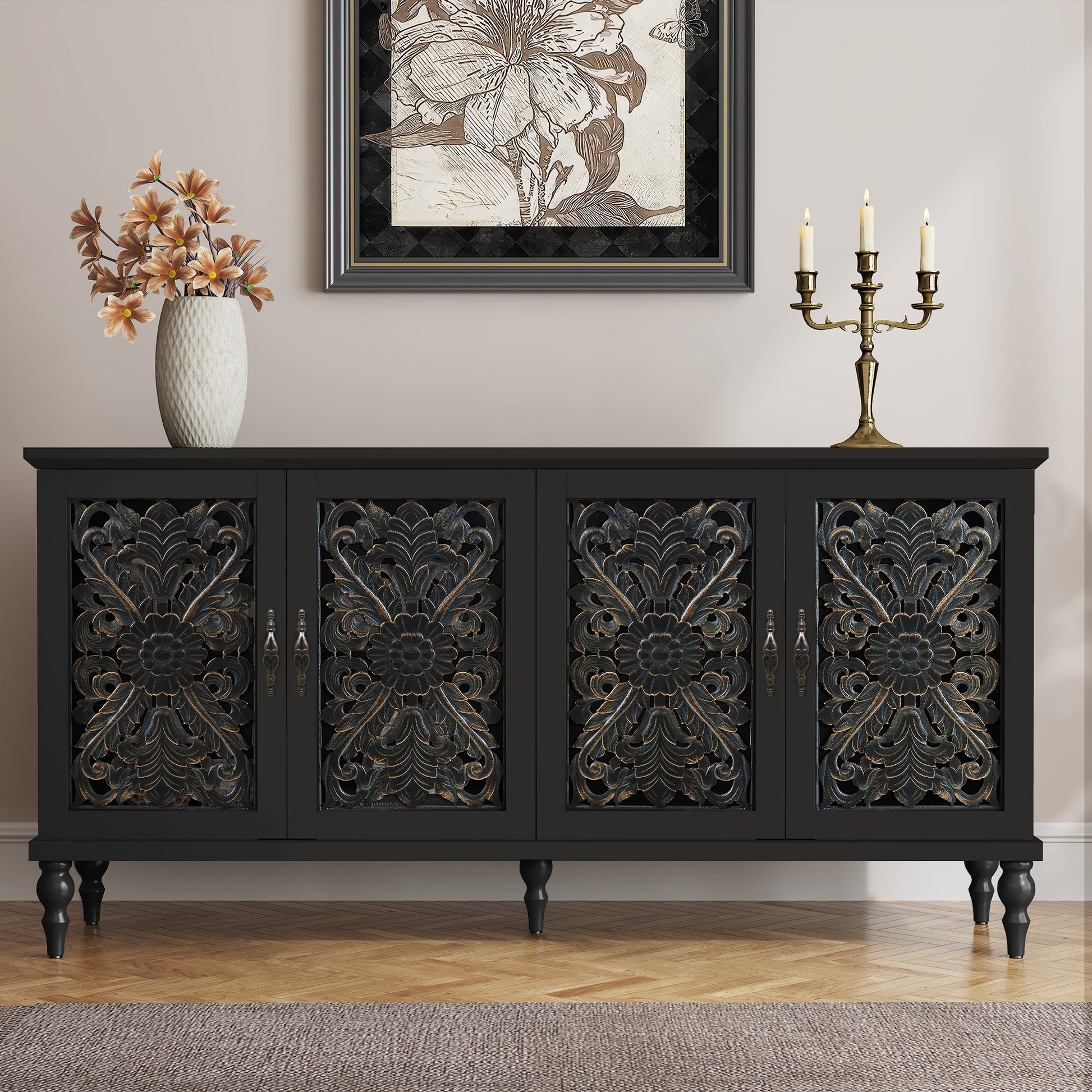 CBJCBJ Mid-Century Retro 62" Wood Openwork Carved 4 Door Sideboard Buffet Cabinet for Living Dining & Bedroom,Black