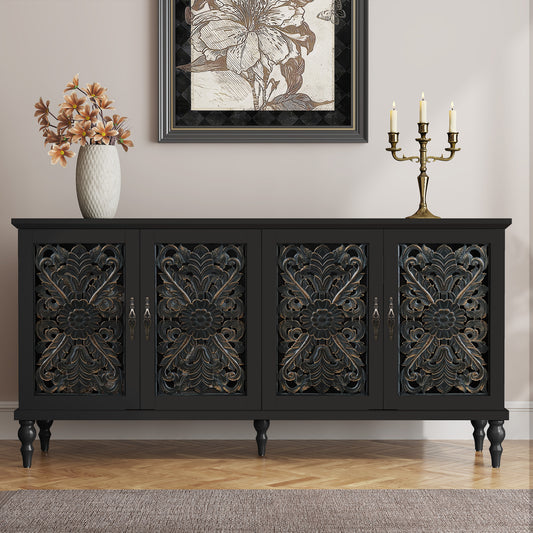 CBJCBJ 63" Mid Century Retro Sideboard Buffet Cabinet 4 Door, Accent Cabinet for Dining Room, Black