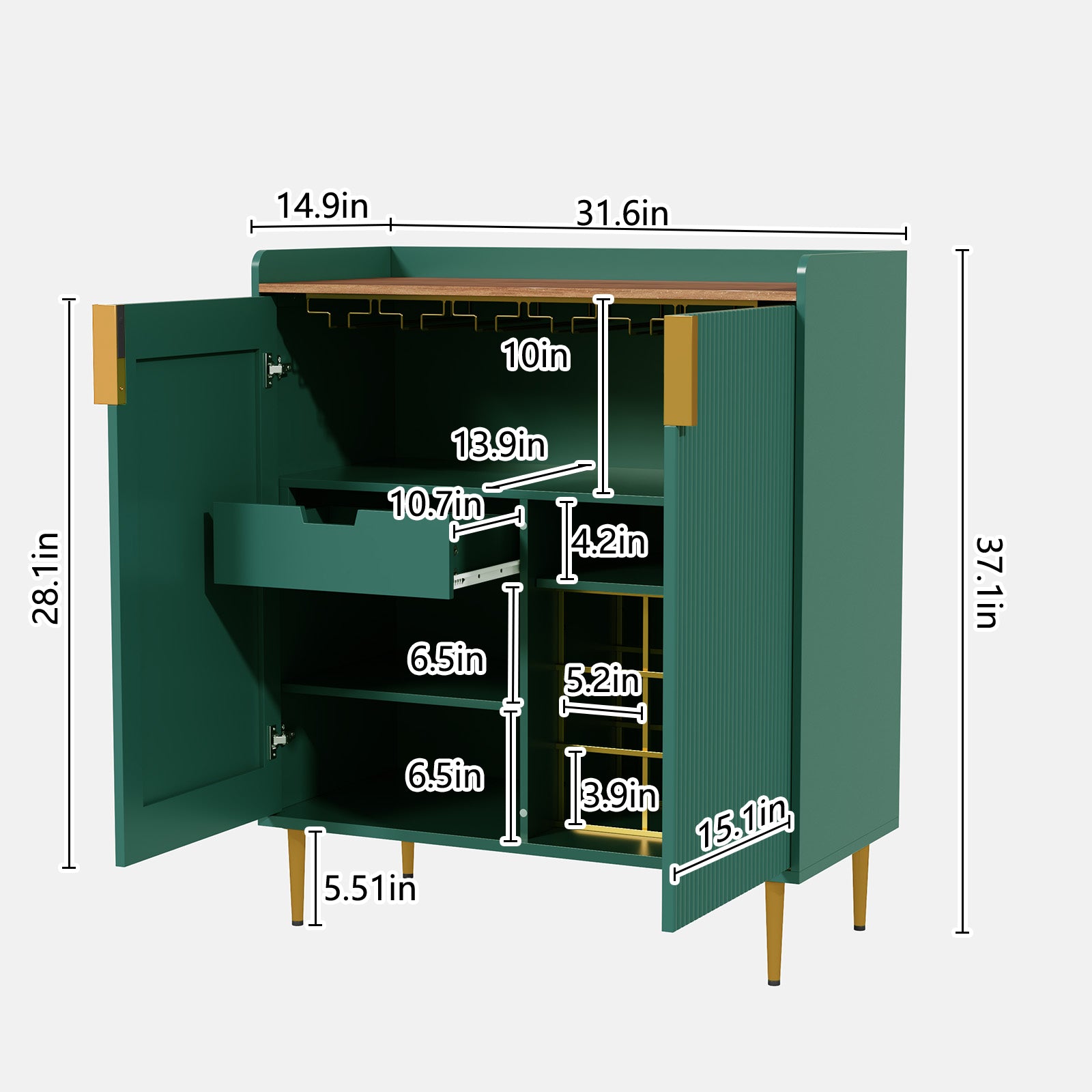 CBJCBJ 32" Wine Bar Cabinet with 2 Door Fluted Texture, Modern Coffee Cabinet with Rack&Glass Holder, , Green