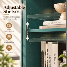 HLR 71" Tall Arched Modern Display Cabinet with Drawers, Curio Bookcases Cabinet with Glass Doors, Green