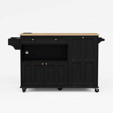 HLR Mid-Century 60" Kitchen Island with Trash Can Storage, Rolling Island Table, Black