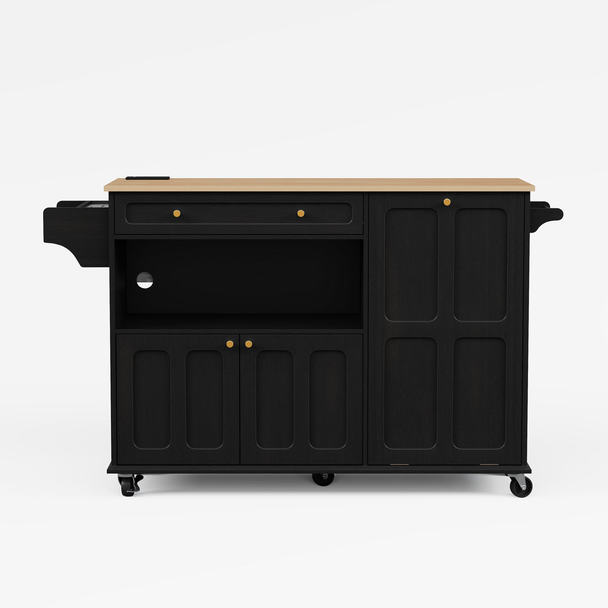 HLR Mid-Century 60" Kitchen Island with Trash Can Storage, Rolling Island Table, Black
