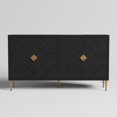 HLR 58" Modern Accent Sideboard Cabinet, 4 Doors, Adjustable Shelves, Fluted Storage Cabinet, Black