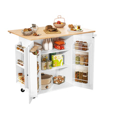 HLR 50.39" Kitchen Island with Storage, Wood Top Cart with Drop Leaf and Wheels, White