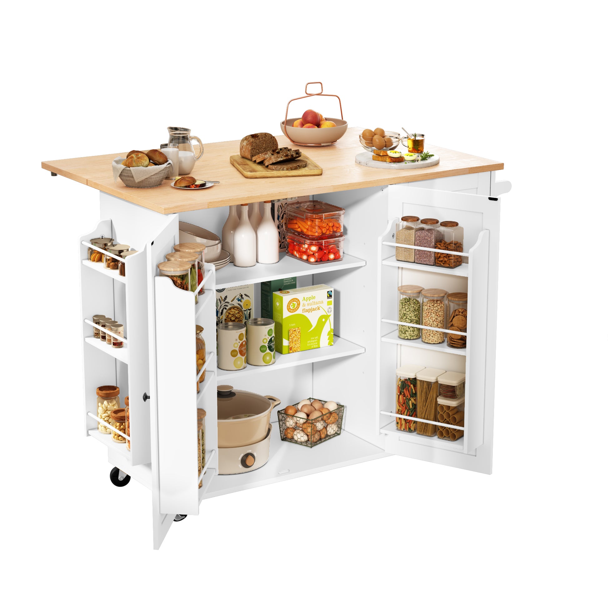 HLR 50.39" Kitchen Island with Storage, Wood Top Cart with Drop Leaf and Wheels, White