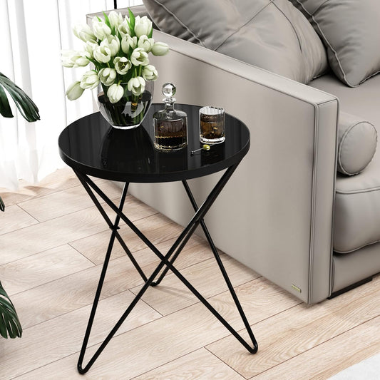 HLR® Modern Round Side Table, End Table with Marble Effect Top and Gold Metal Frame