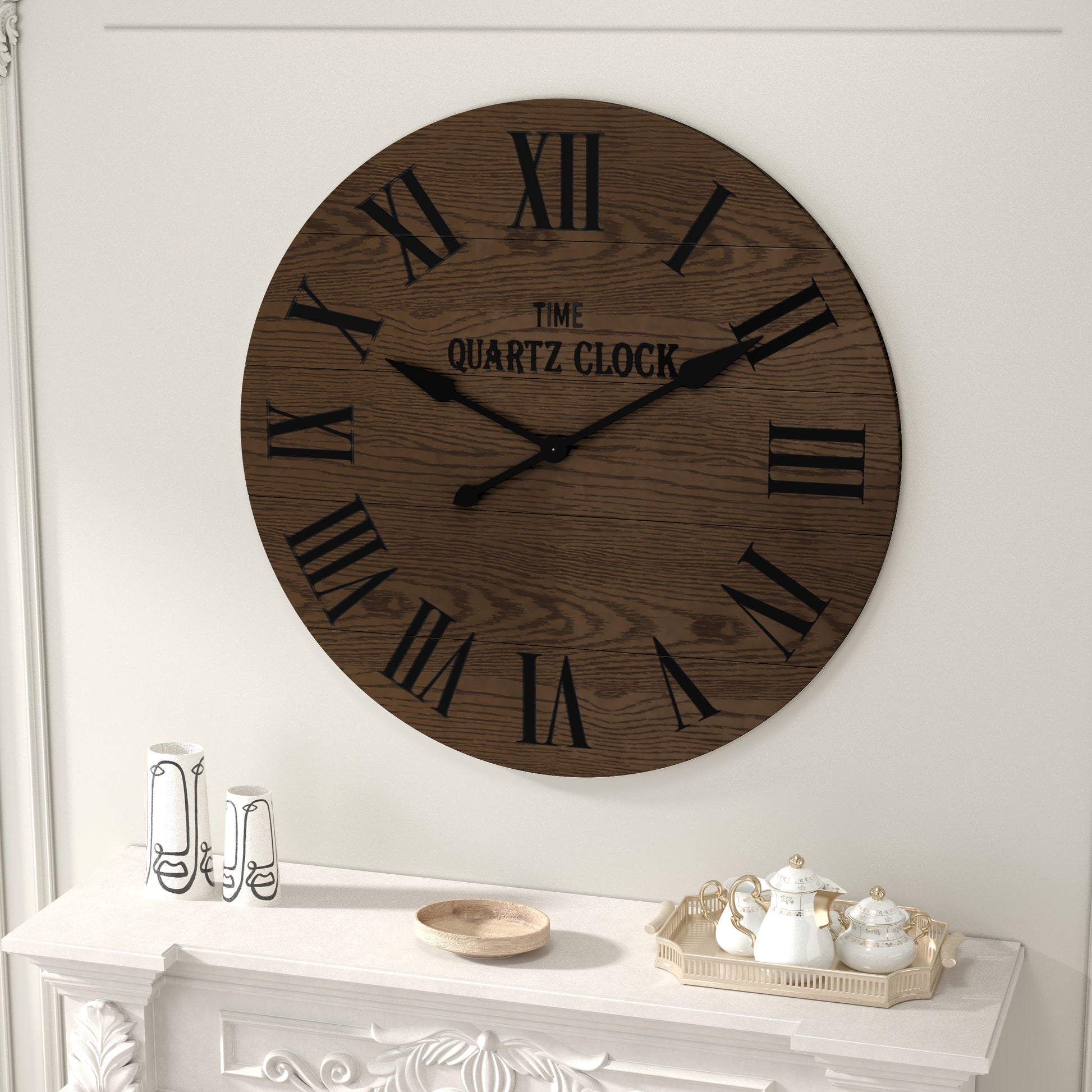 HLR 35.5” Farmhouse Large Shiplap Round Wall Clock with Roman Numeral for Living Room Decor, Brown