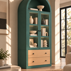 HLR 71" Tall Arched Modern Display Cabinet with Drawers, Curio Bookcases Cabinet with Glass Doors, Green