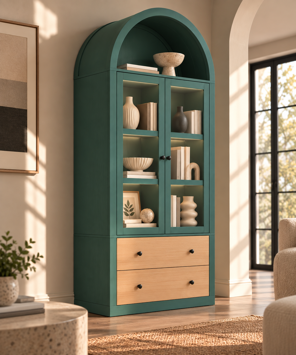 HLR 71" Tall Arched Modern Display Cabinet with Drawers, Curio Bookcases Cabinet with Glass Doors, Green