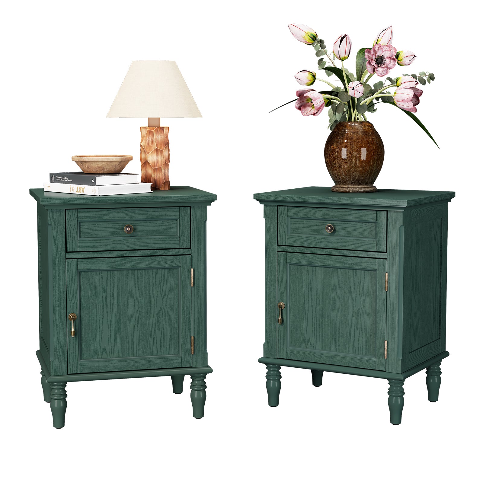 HLR 25"H Nightstands Set of 2, Modern Retro Bedside Table with Drawer, End Table for Bedroom, Green