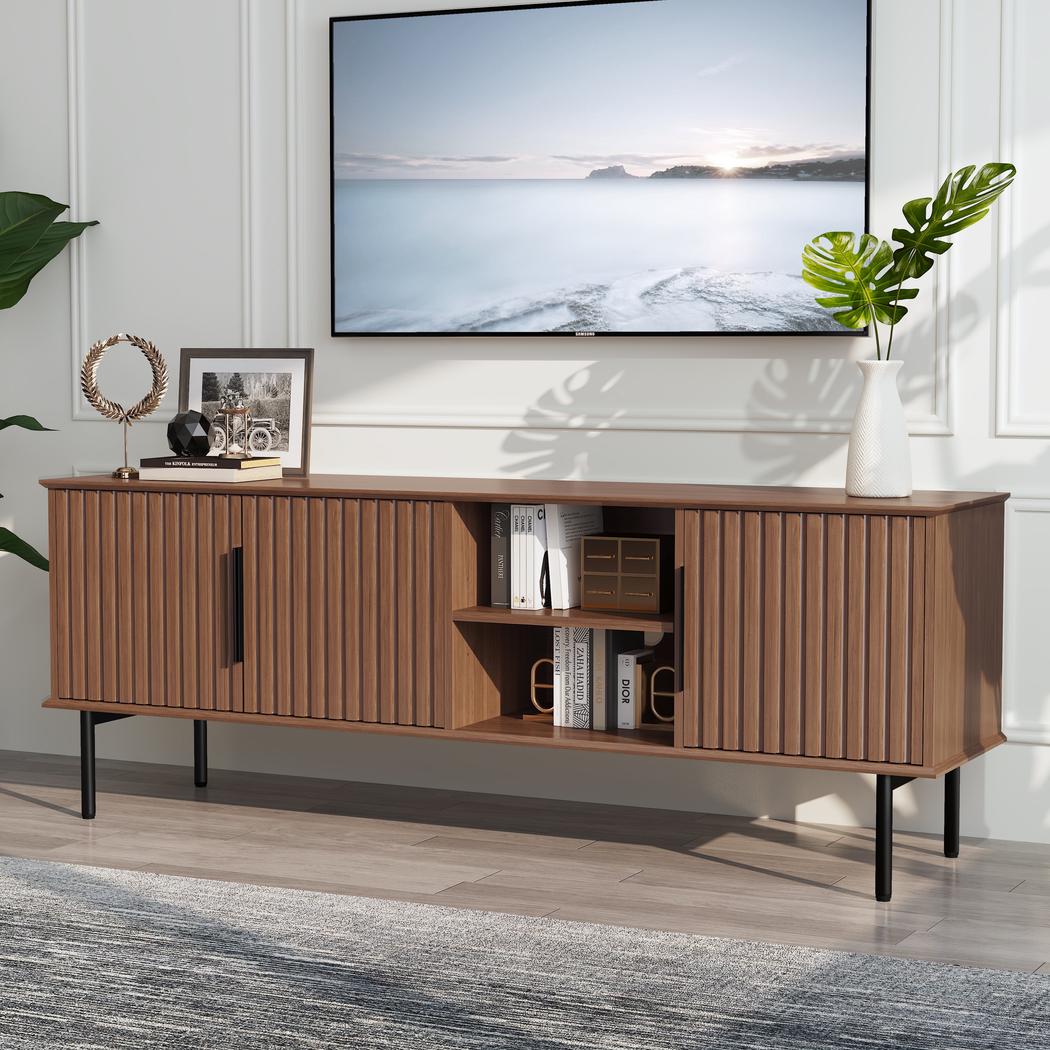 HLR Mid Century Fluted 66" TV up to 75" Stand with Storage, Modern Wooden Entertainment Center Console for Living Room, Brown