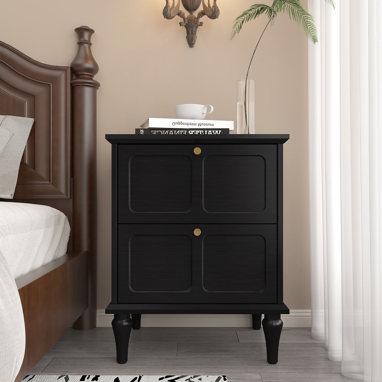 CBJCBJ21" Mid-Century Nightstands Set of 2, Featuring Two Storage Drawers with Metal Handles, Black