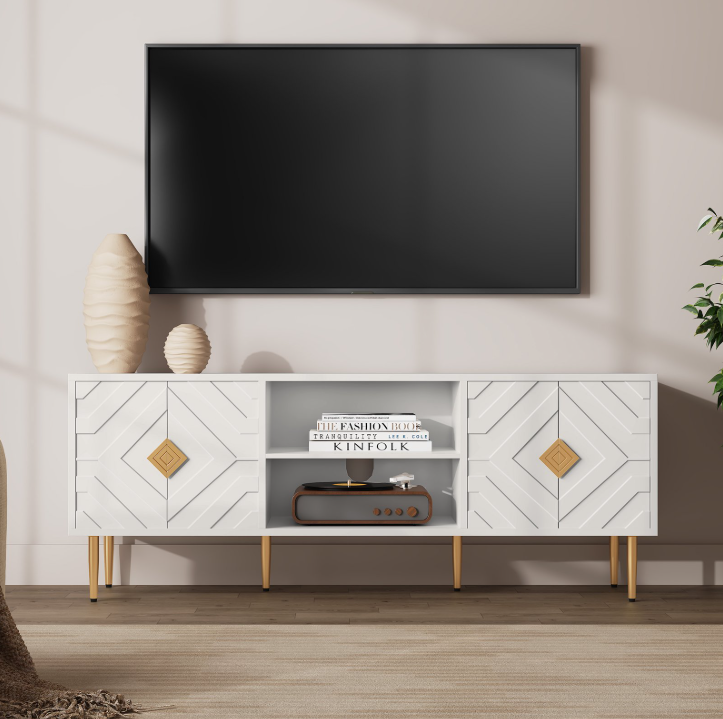 HLR Modern 63" TV Stand, for TVs up to 75", Living Room Entertainment Center with 4 Door Storage Cabinet, White