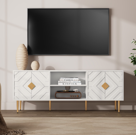 HLR Modern 63" TV Stand, for TVs up to 75", Living Room Entertainment Center with 4 Door Storage Cabinet, White