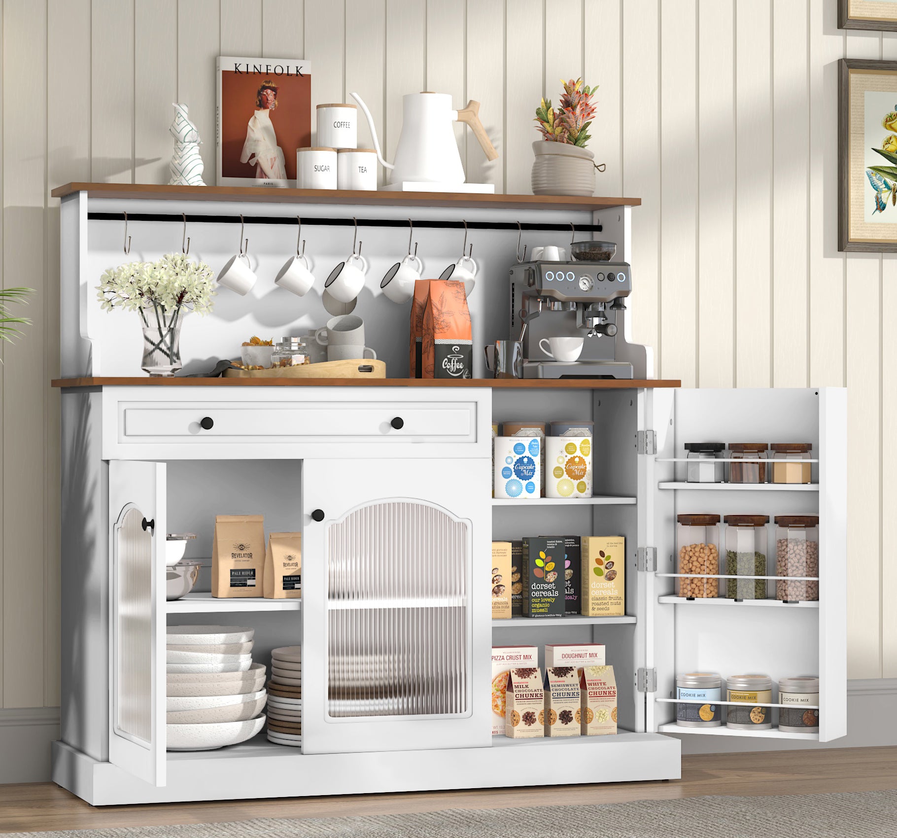 HLR 48" Modern Wood Kitchen Pantry Cabinet, Coffee Bar with Drawer & Microwave Stand, Dining Room, White