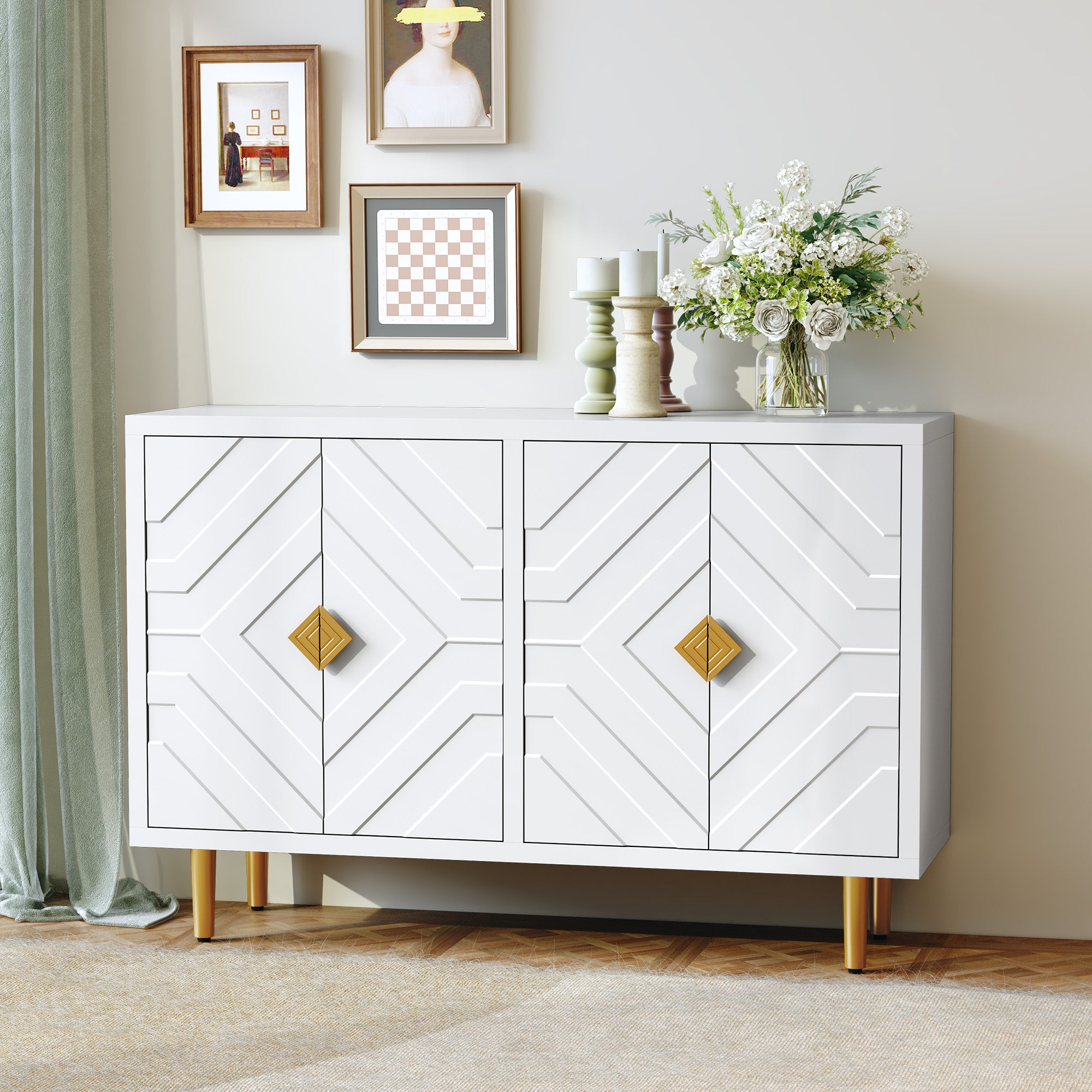 CBJCBJ 48" Modern Accent Sideboard Buffet Cabinet with 4 Doors & Shelves, Credenza for Living Room Storage,White