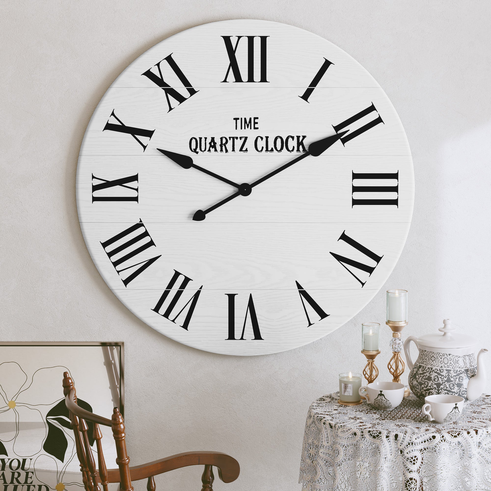 CBJCBJ 35.5” Farmhouse Large Shiplap Round Wall Clock with Roman Numeral for Living Room Decor,White