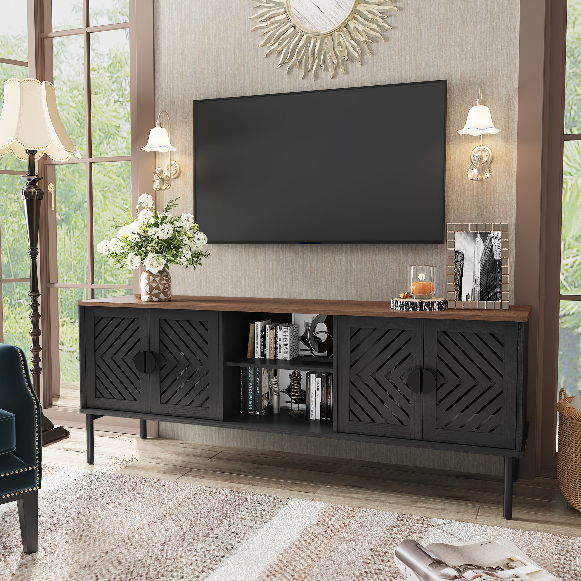 HLR Mid Century Modern 63" TV Stand for 75 inch TV with Storage, Entertainment Center for Living Room, Black