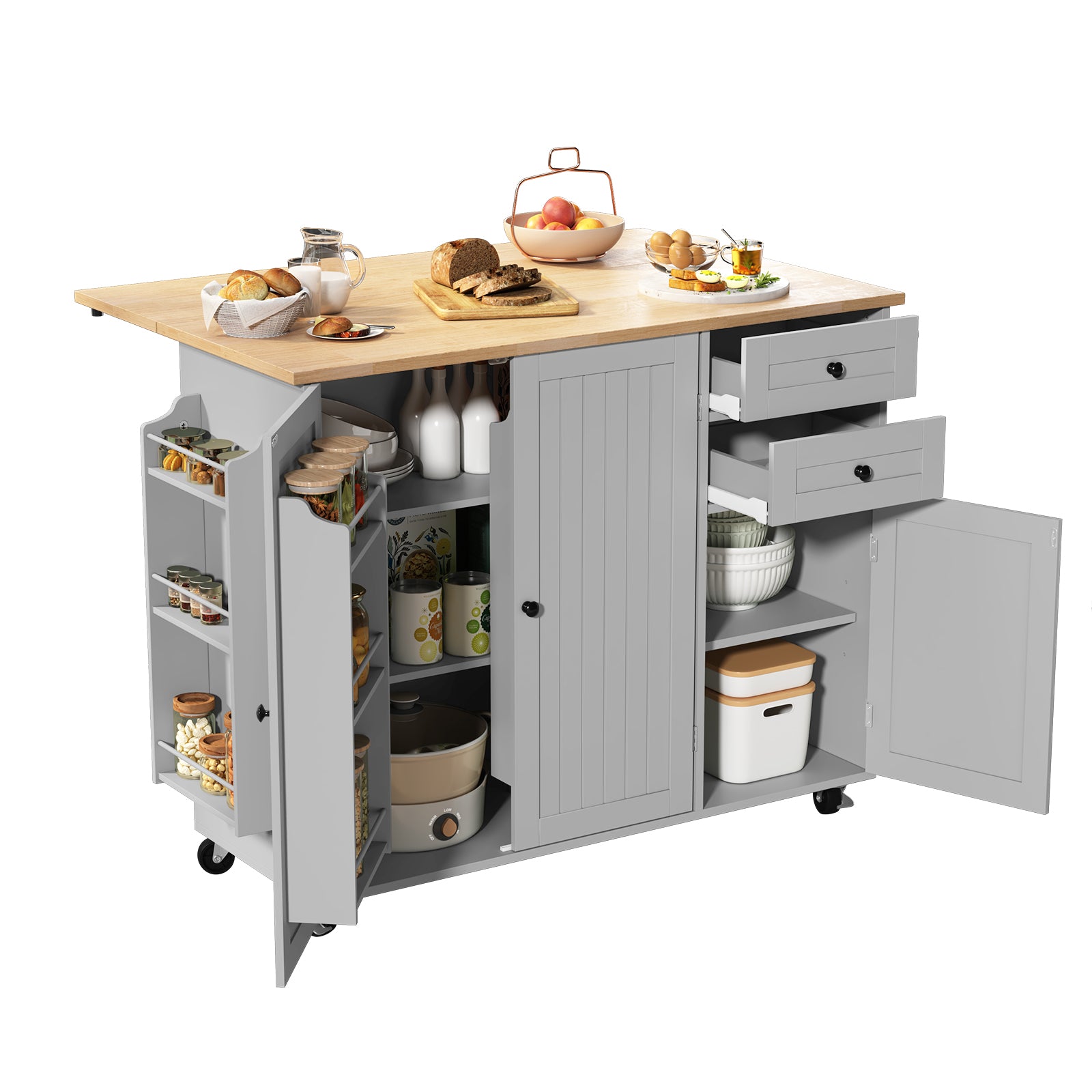 HLR 50.39" Kitchen Island with Storage, Wood Top Cart with Drop Leaf and Wheels, Gray