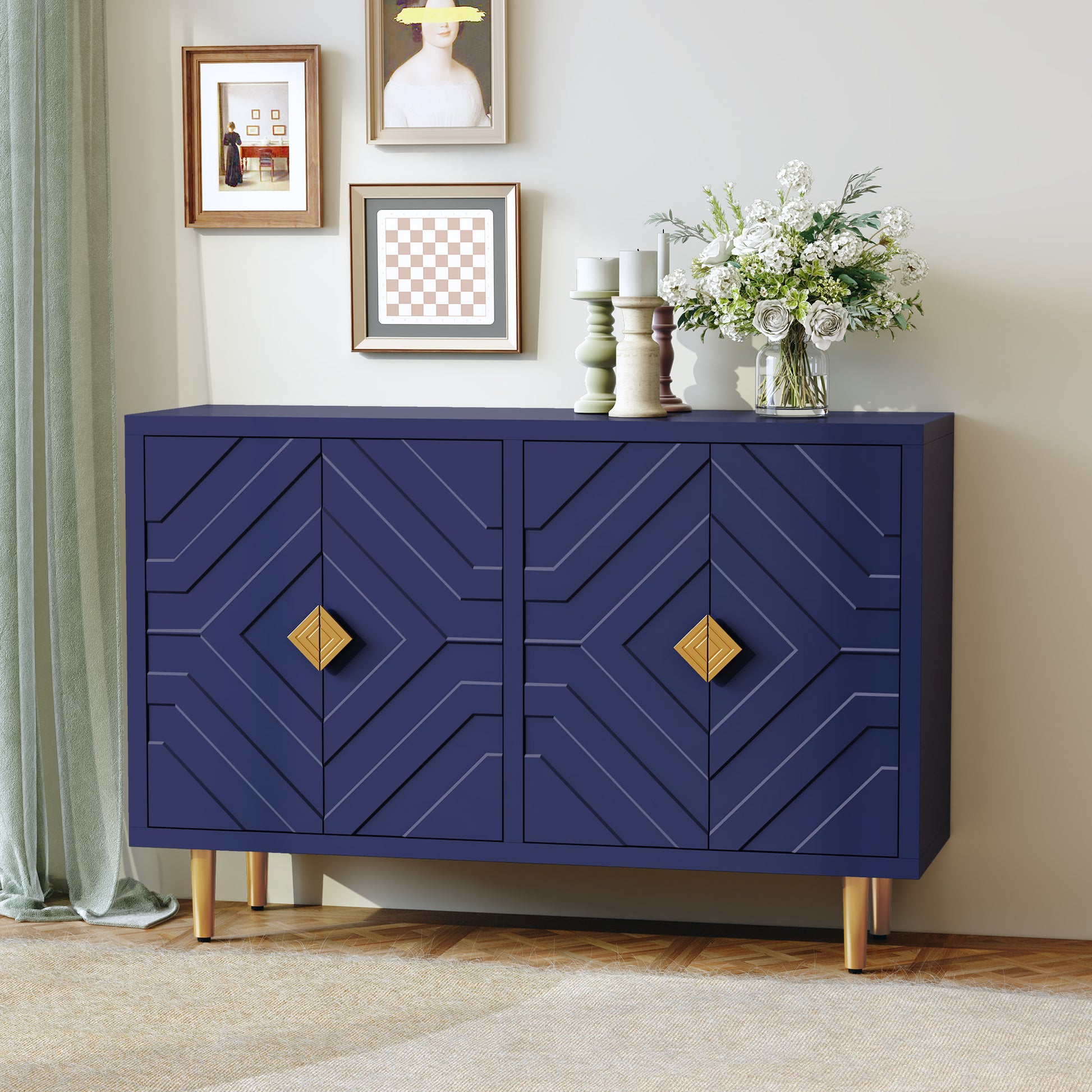 CBJCBJ 48" Modern Accent Sideboard Buffet Cabinet with 4 Doors & Shelves, Credenza for Living Room Storage,Blue