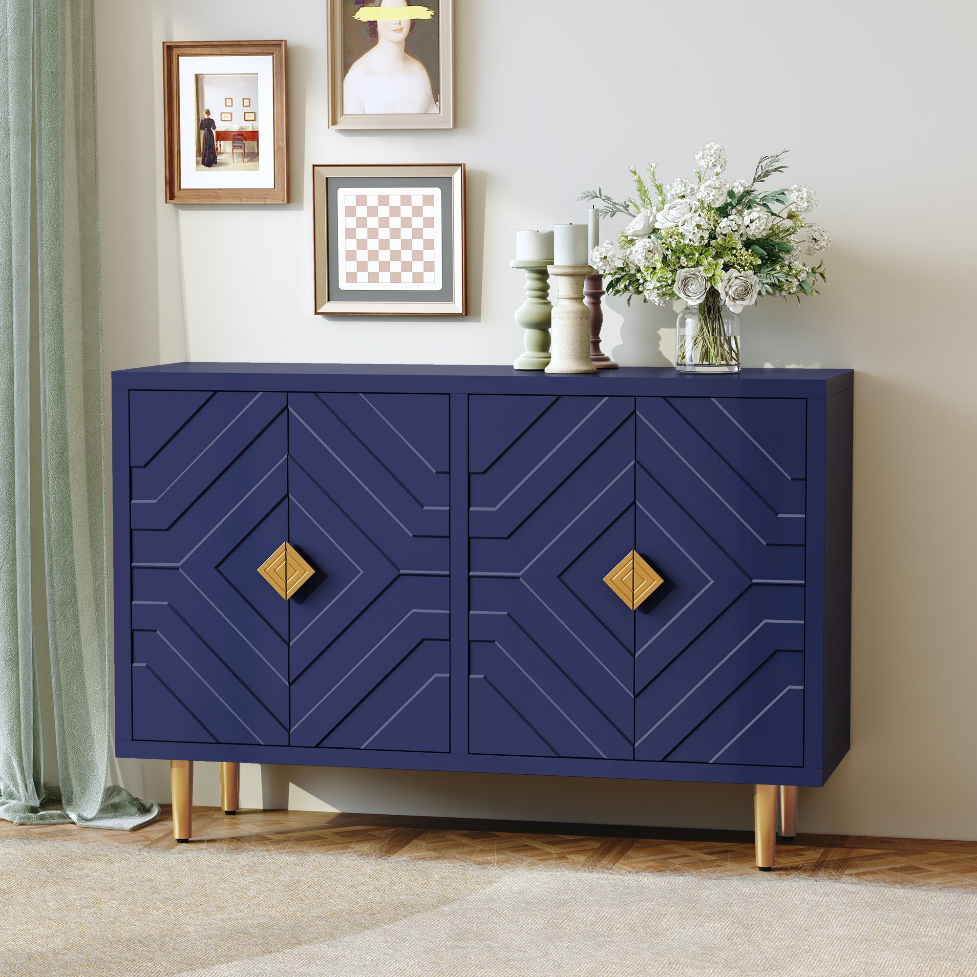 CBJCBJ 48" Modern Accent Sideboard Buffet Cabinet with 4 Doors & Shelves, Credenza for Living Room Storage,Blue