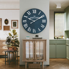 HLR 35.5” Farmhouse Large Shiplap Round Wall Clock with Roman Numeral for Living Room Decor, Navy Blue