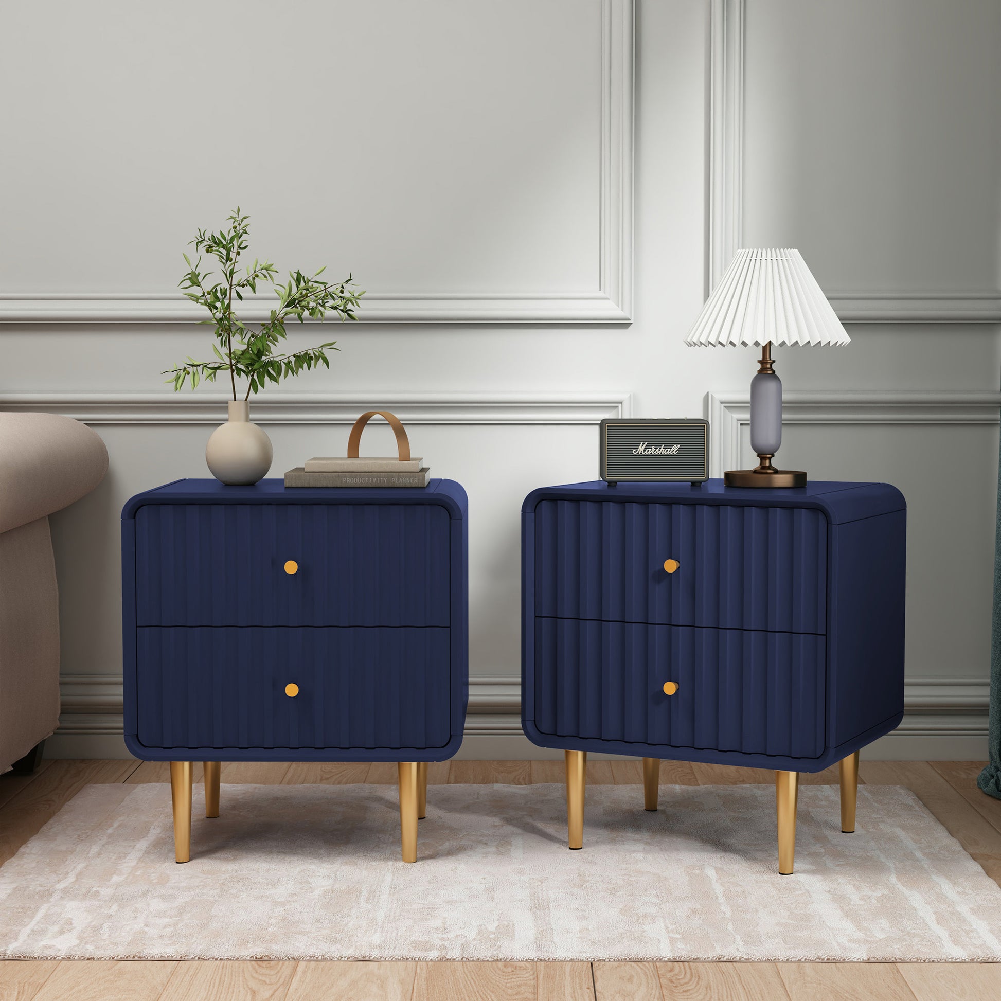 CBJCBJ Modern Bedroom Nightstand Set of 2, 20-Inch Wood Bedside Table with 2 Drawers and Gold Handles