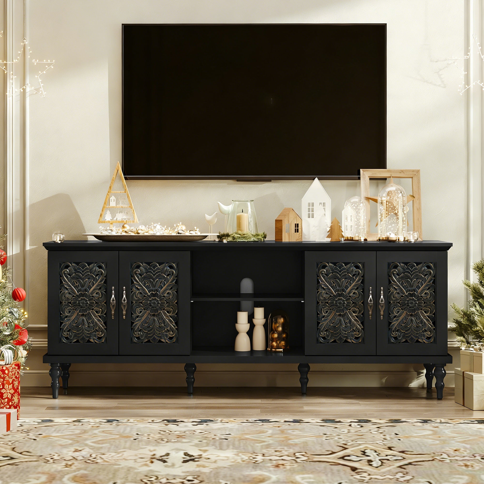CBJCBJ Retro 67" TV Stand for TVs up to 75", Living Room Entertainment Center with 4 Door Storage Cabinet,Black