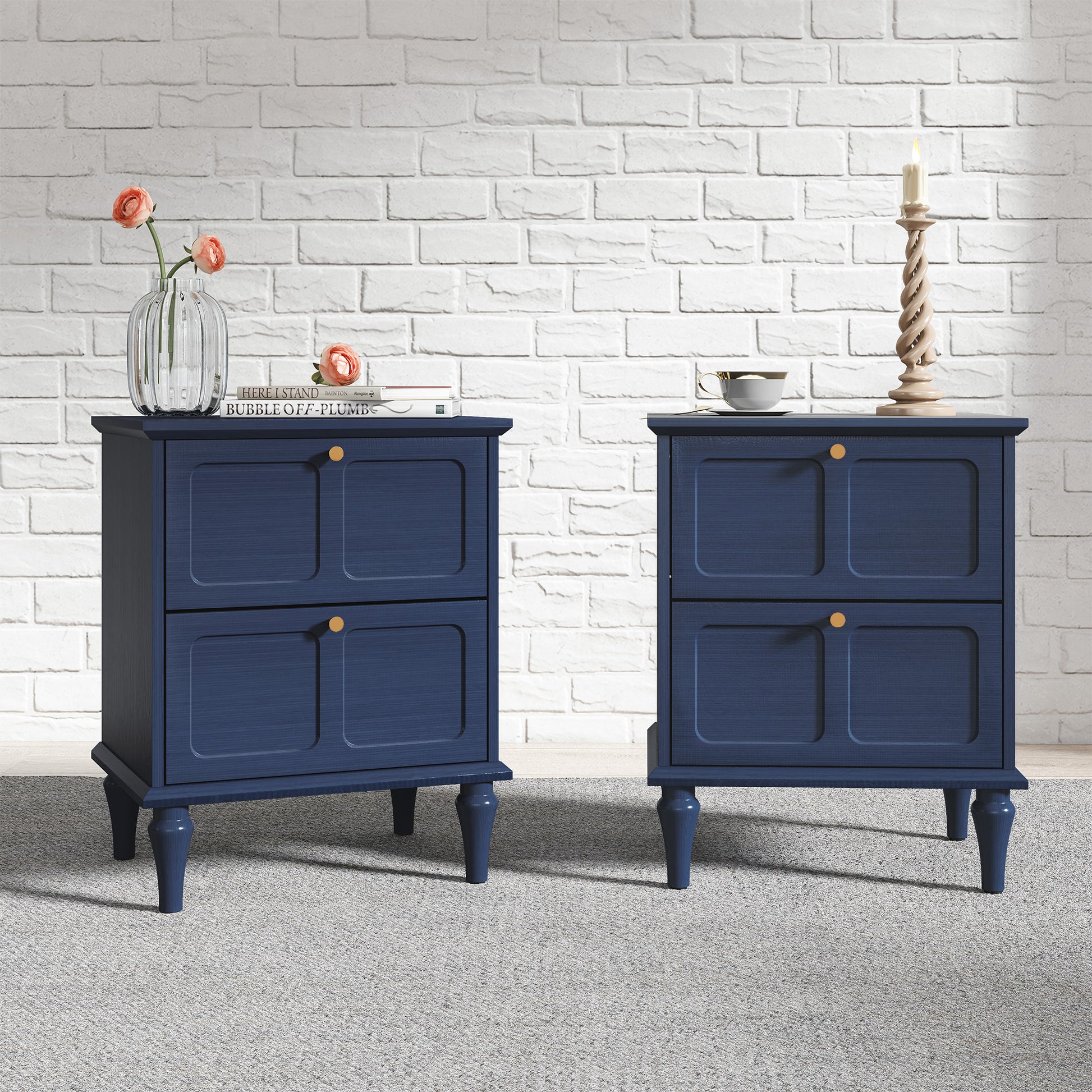 HLR 20" Mid Century Nightstands Set of 2 with Drawers, Wood Bedside Table End Table for Bedroom, Blue