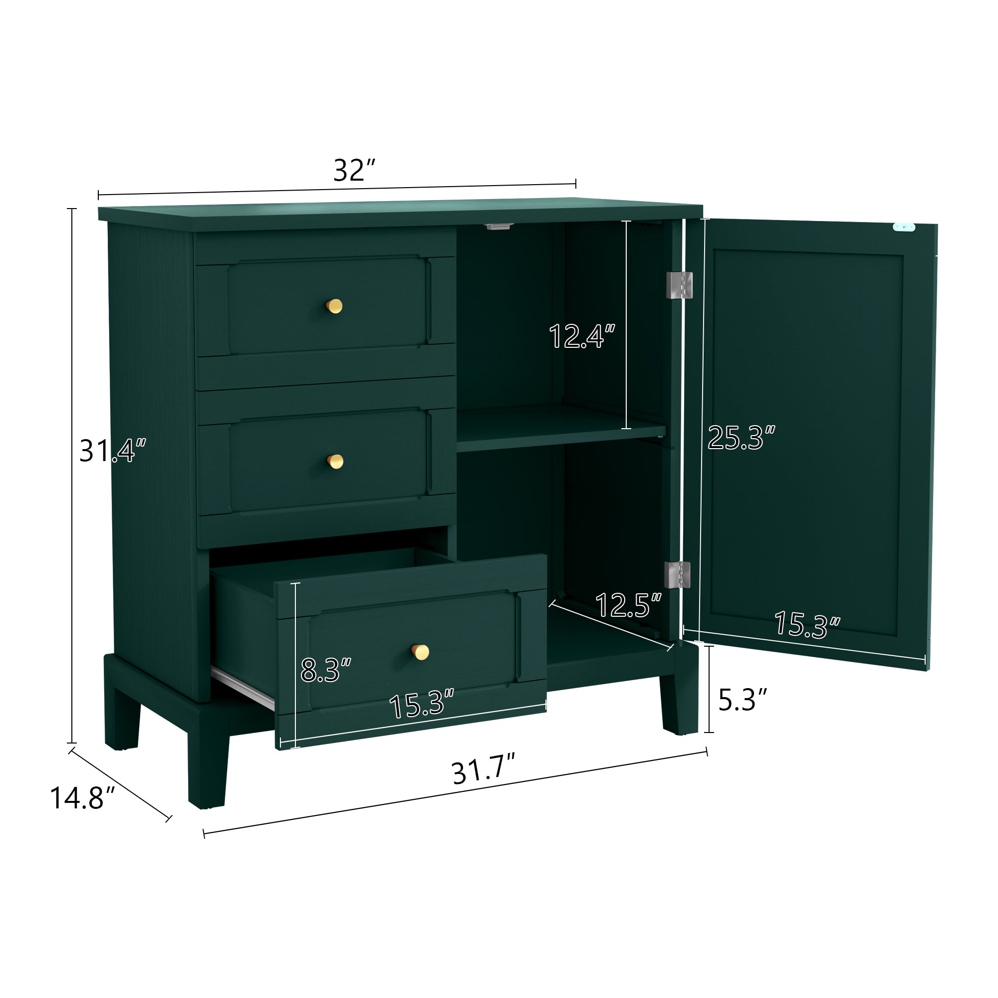HLR Modern 32" Accent Cabinet 3 Drawers & Door, Wood Sideboard with Storage for Living Room, Green