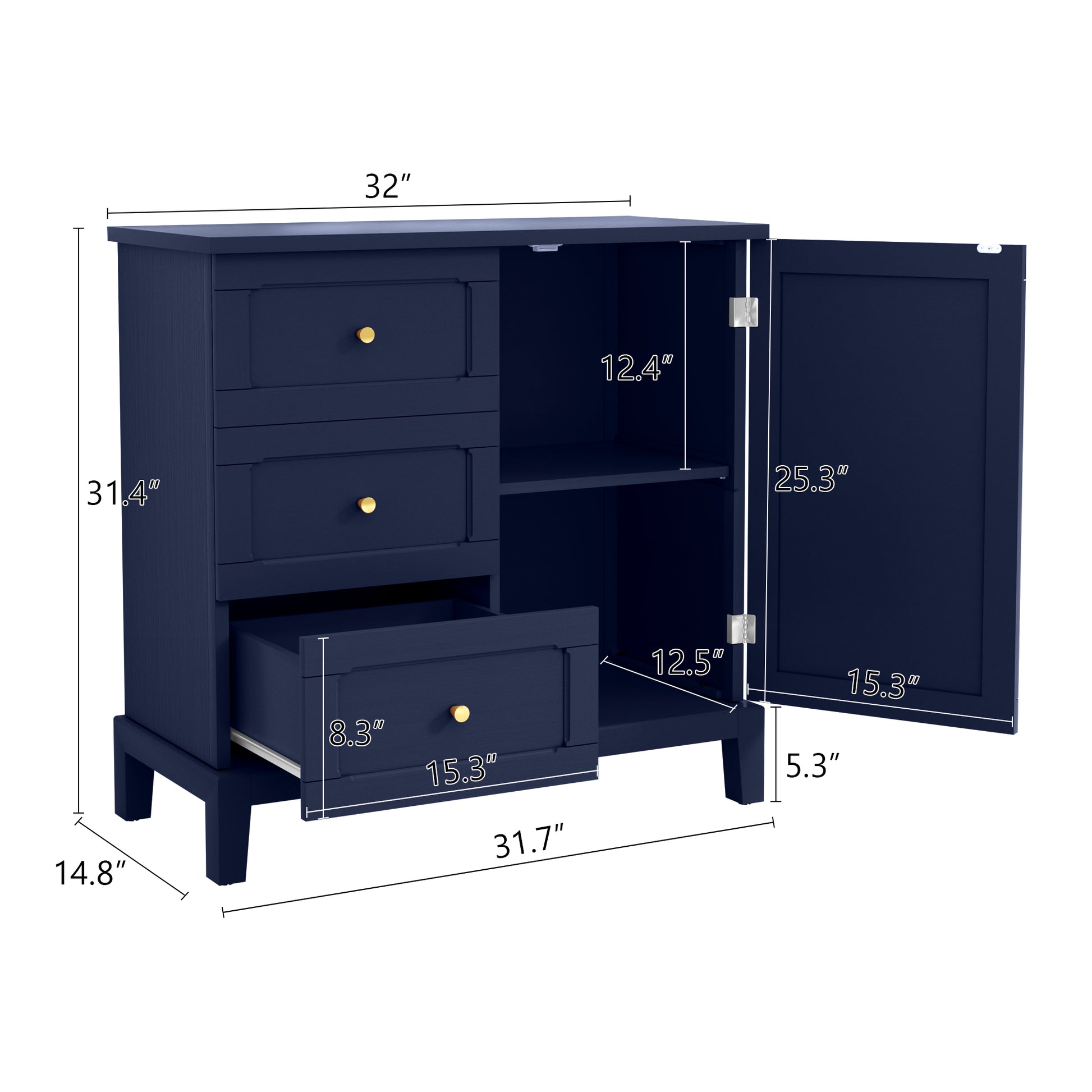 CBJCBJ 31.7"Storage Cabinet, Classical 3 Drawers & 1 Door Design with Gold-Tone Handles, Multi-Use Organizer for Living Room, Kitchen, Bathroom（BLUE)