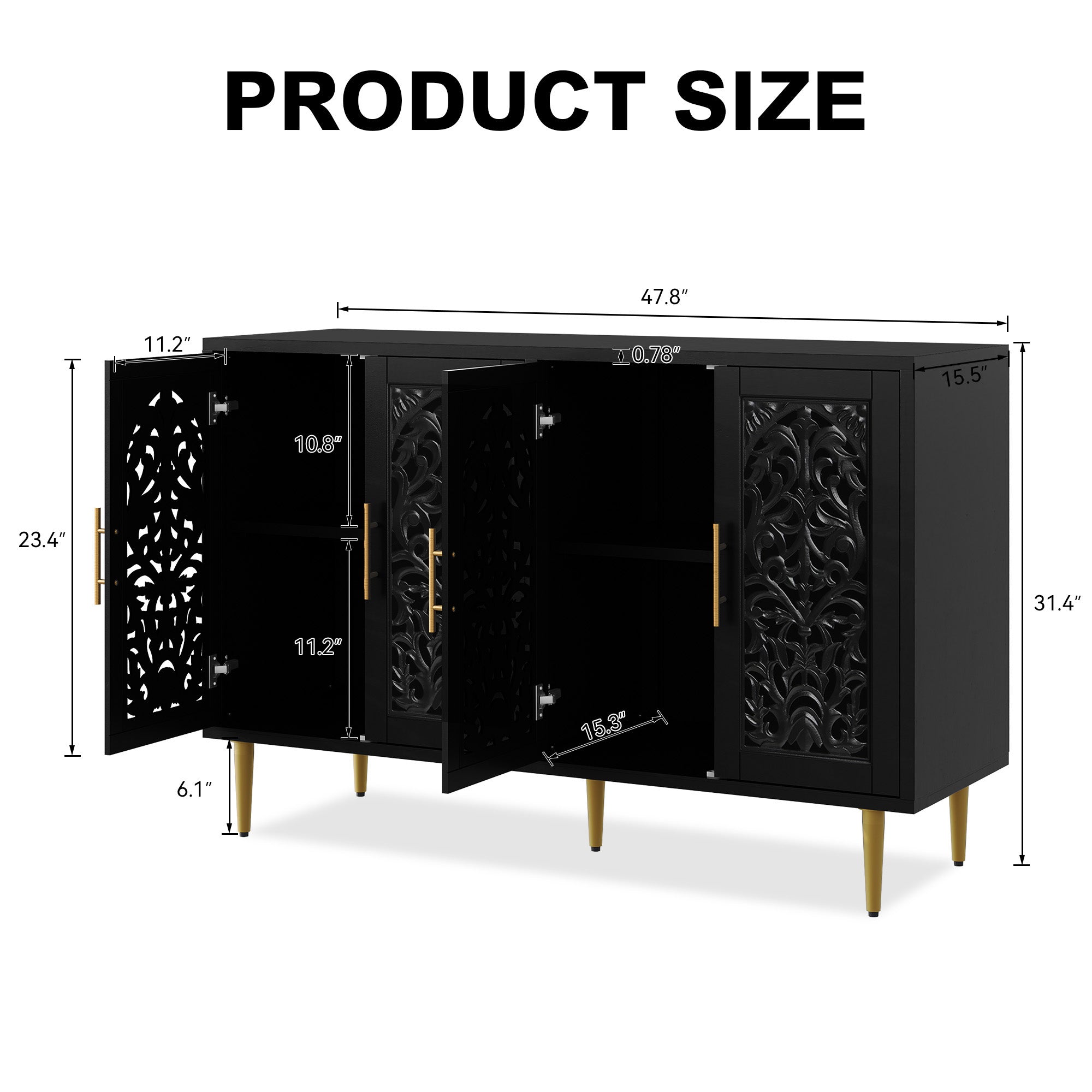 HLR 48" Accent Cabinet with 4 Doors, Vintage Hollow Carving Storage Credenza, Sideboards and Buffets Cabinet for Living Room, Kitchen, Dining Room, Entryway,Black