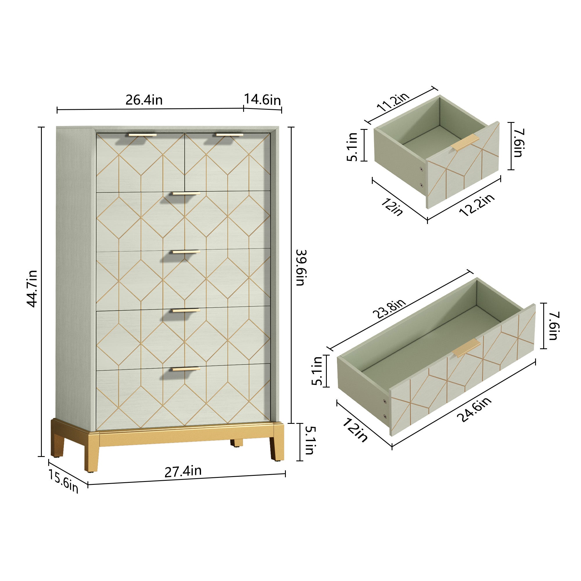 CBJCBJ 45"H Wood Gold Lines Green Dressers Chest of Drawers with 6 Drawers for Bedroom, Entryway
