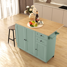 HLR 50.39" Kitchen Island with Storage, Wood Top Cart with Drop Leaf and Wheels, Green