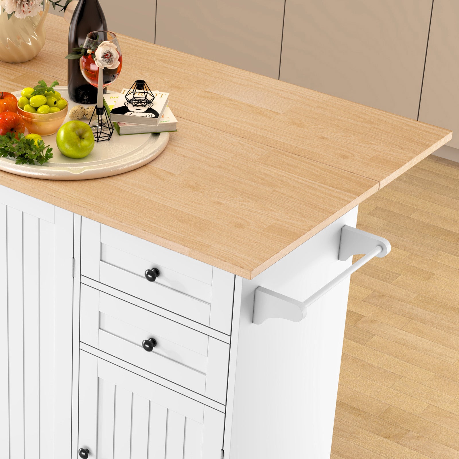 HLR 50.39" Kitchen Island with Storage, Wood Top Cart with Drop Leaf and Wheels, White
