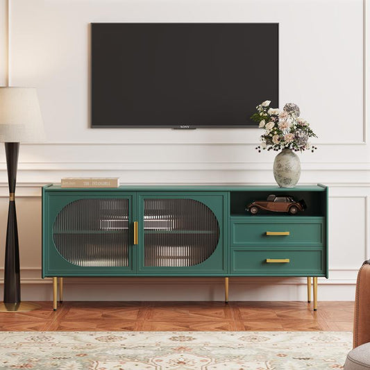 HLR® Modern 60” TV Stand for 55/60/65 inches TVs, Glass Door TV Cabinet with Drawers