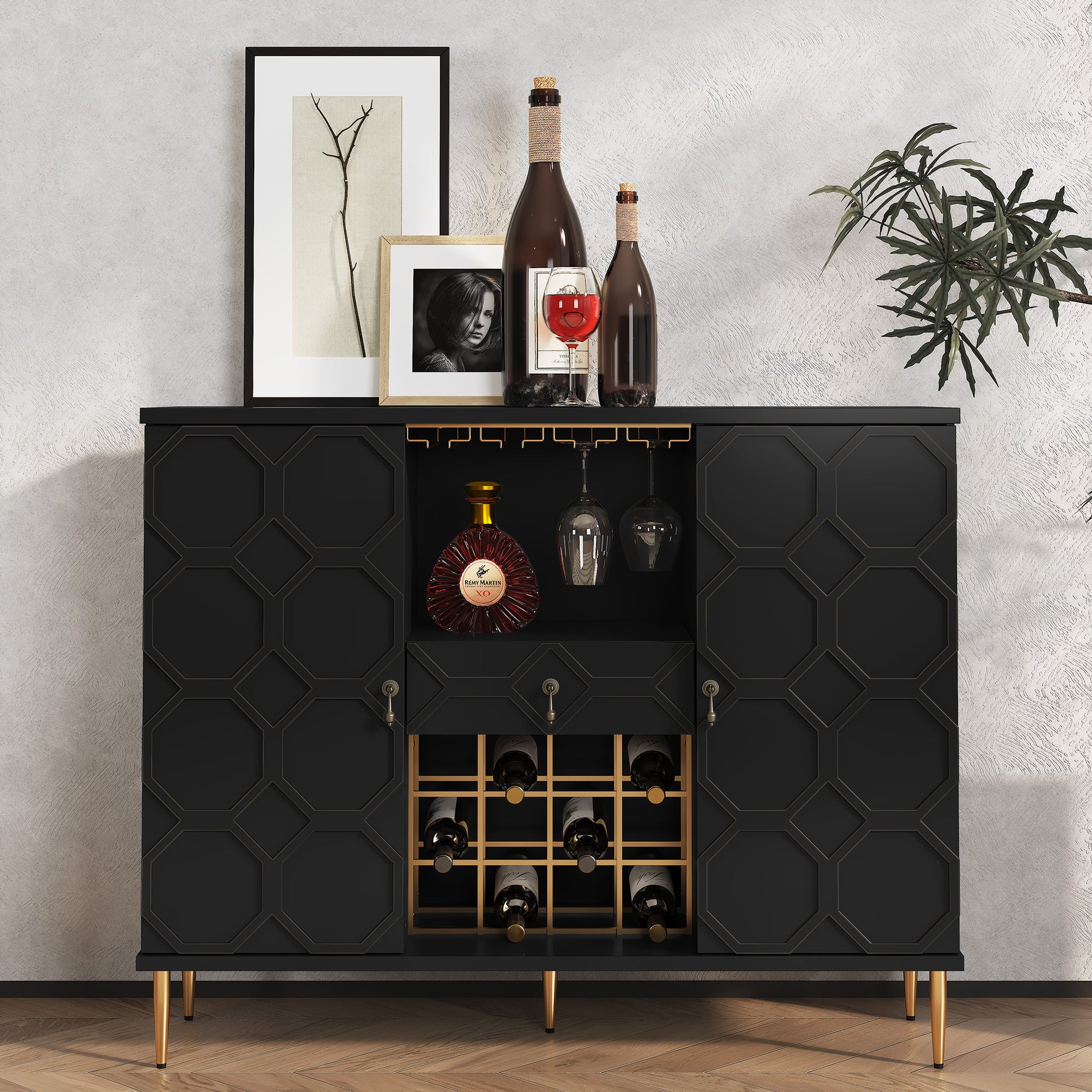 HLR Modern 47.2" Wine Bar Cabinet with Drawer, Geometric Door Buffet Sideboard Coffee Bar for Kitchen