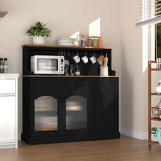 CBJCBJ 48“ Modern Wood Kitchen Pantry Cabinet with Coffee Bar, Drawer & Microwave Stand,Black