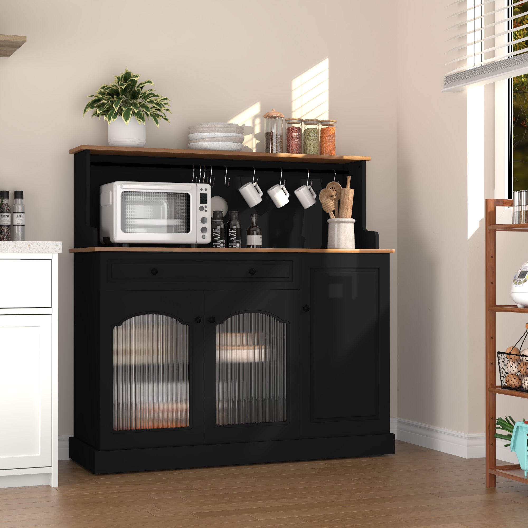 CBJCBJ 48“ Modern Wood Kitchen Pantry Cabinet with Coffee Bar, Drawer & Microwave Stand,Black
